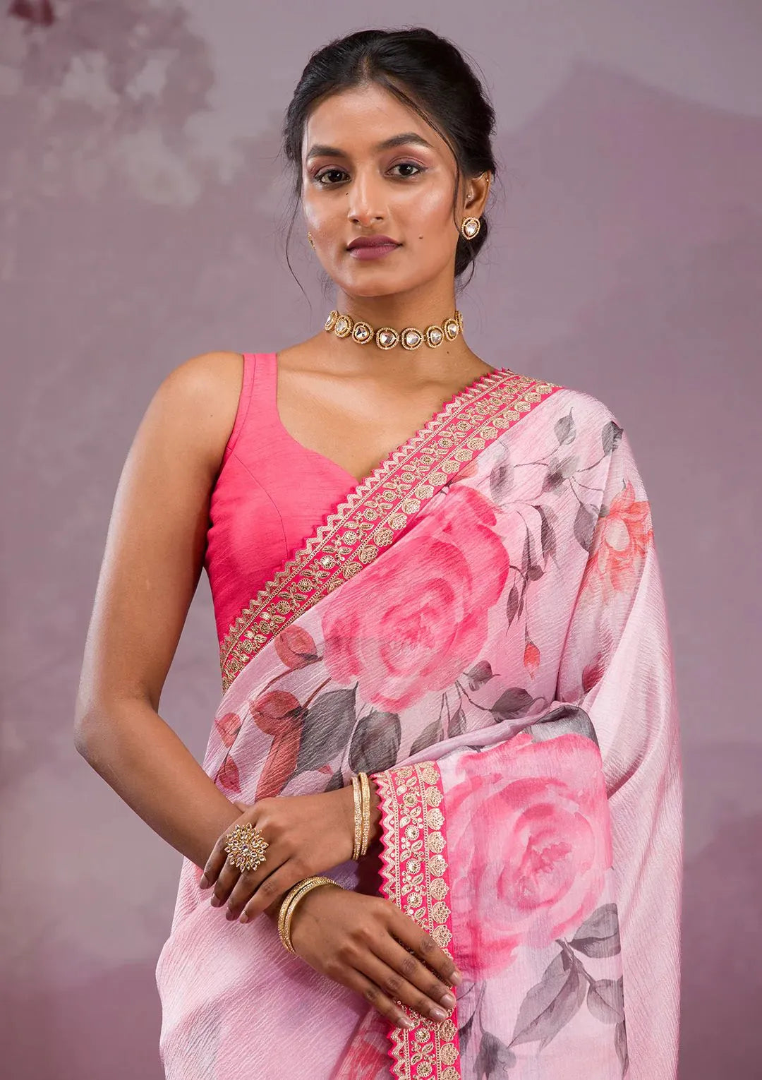 Floral Chinnon Silk Designer Saree with Sequins Border & Embroidery Blouse